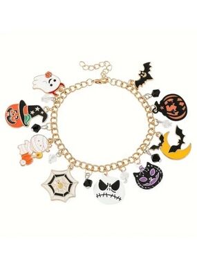 Halloween Pumpkin Ghost Bat Witch Skeleton Gold Tone Charm Bracelet